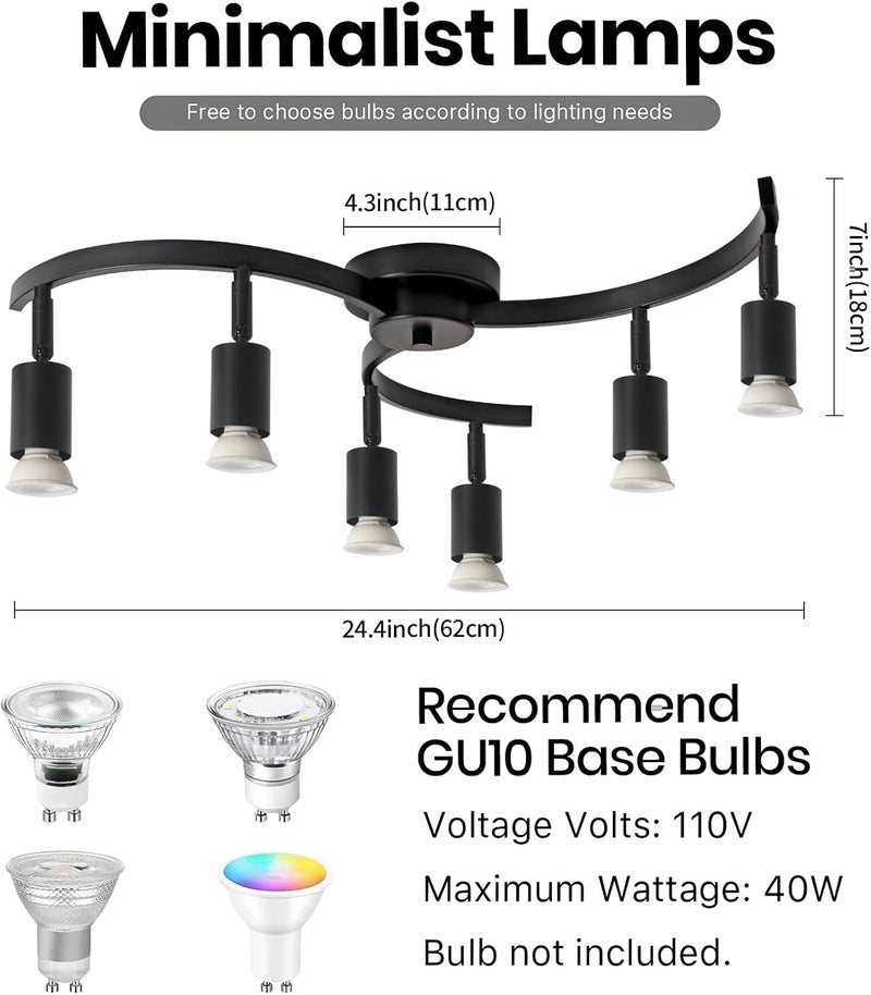 SEEBLEN 6 Light Track Lighting Fixtures Ceiling, Flexibly Rotatable Light Heads, Black Semi Flush Mount Ceiling Light for Kitchen Dining Room Living Room.Gu10 Bulb Base. - Image 2